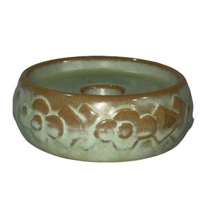 Vintage 1970S Art Pottery Taper Candle Holder Celadon Green Glaze Brown Acccents